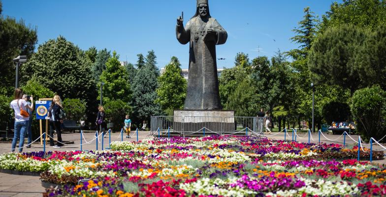 Flower carpet in front of the Saint Peter of Cetinje Monument in Podorica