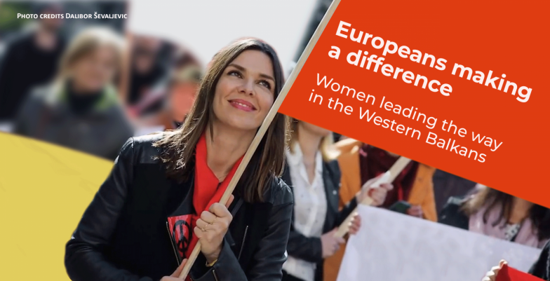 Woman holding a sign saying "Europeans Making a Difference - Women leading the way in the Western Balkans"