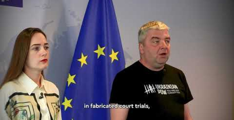 Thumbnail of a man and a woman, background has EU flag. 