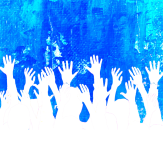 Hands raised on a blue background
