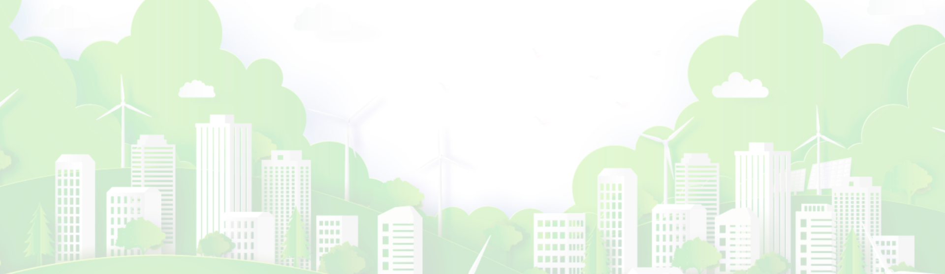 Web Page banner - illustration of buildings and renewable energy, mountains and trees