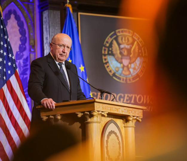 Commissioner Kubilius speaks at a podium at EU Defense Night