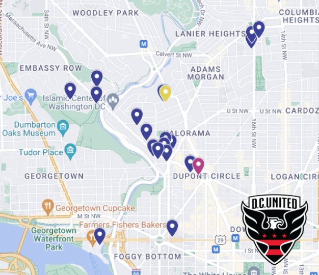 Google Map with DC United Logo on top.