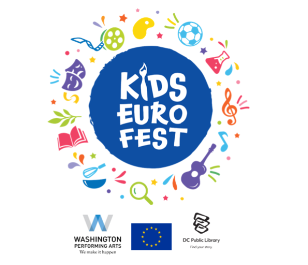 The Kids Euro Fest logo features above the logos for Washington Performing Arts, the EU Delegation, and DC Public Libraries.