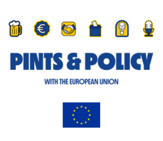 The words "Pints & Policy" with icons and the EU flag