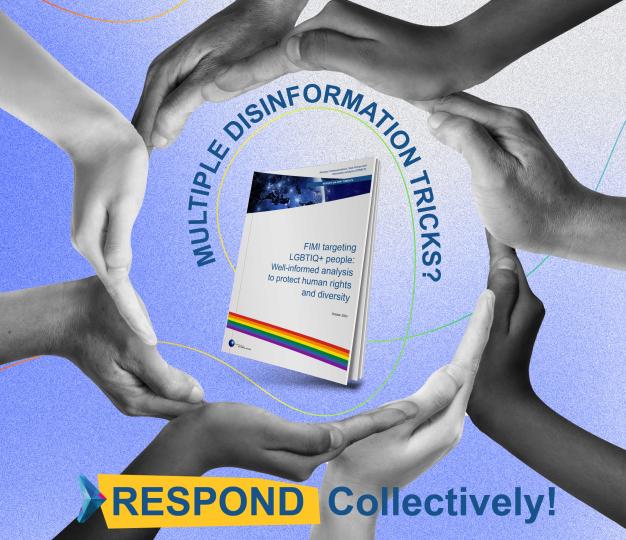 Hands around cover of report on FIMI targeting LGBTIQ+ people