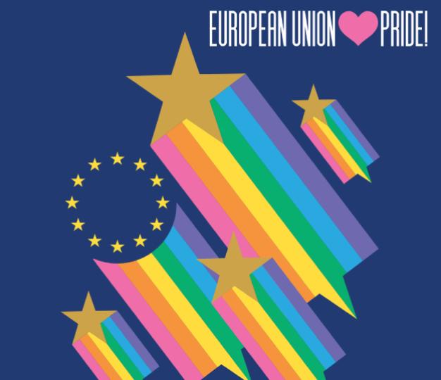 Several gold shooting stars with rainbow tails with the words "European Union Hearts Pride"