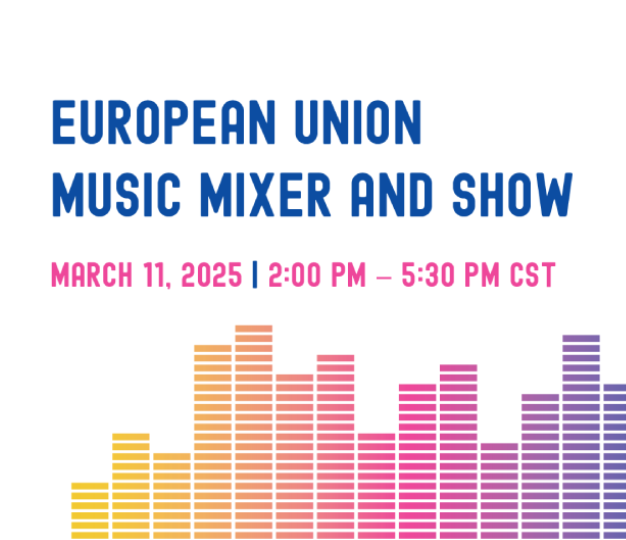 White graphic advertising the title, date, and time of a music mixer at SXSW.