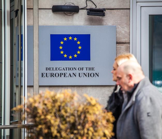 “Delegation of the European Union” plaque at the entrance to the EU House in Sarajevo 