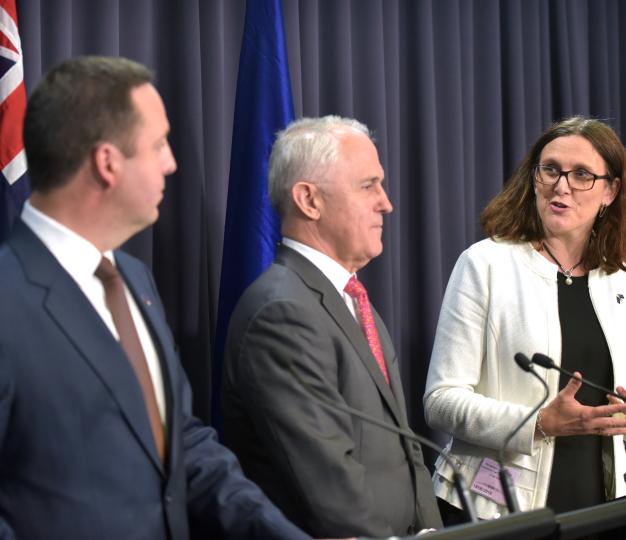 From left, Australian Trade Minister Steven Ciobo, Australian Prime Minister Malcolm Turnbull and EU Trade Commissioner Cecilia Malmström launch the Free Trade Agreement negotiations in June 2018.
