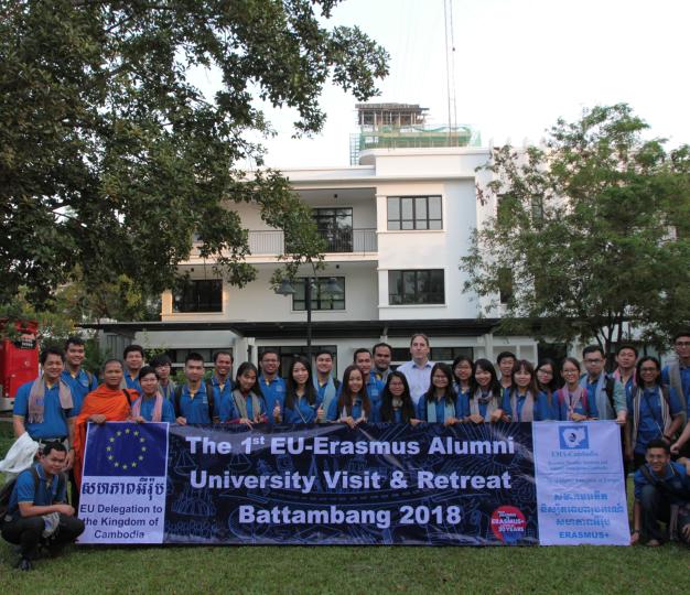 With support from the EU, a team of EU-Erasmus Alumni travel to Battambang province as the 1st university visit and retreat. Picture taken at the EU Delegation premises in Phnom Penh. August, 2018.