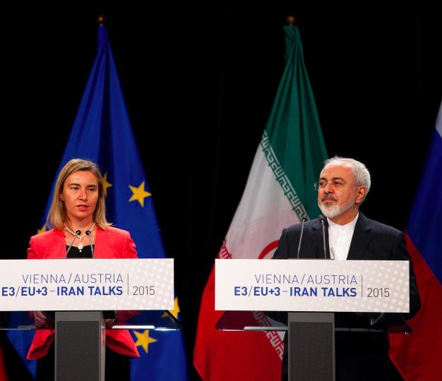 Former EU High Representative/Vice President Mogherini announces the conclusion of the JCPOA with Iranian Foreign Minister Zarif, July 2015