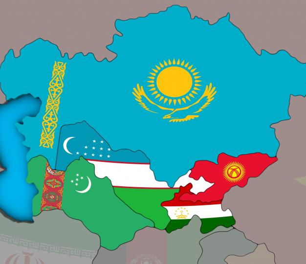 Central Asia with embedded national flags on blue political 3D globe. 3D illustration.
